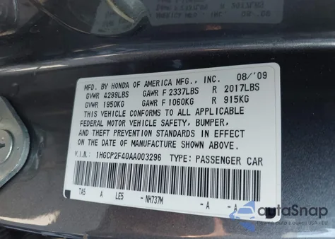 2010 Honda Accord 2.4 Lx-P из США, поврежденный, VIN 1HGCP2F40AA003296